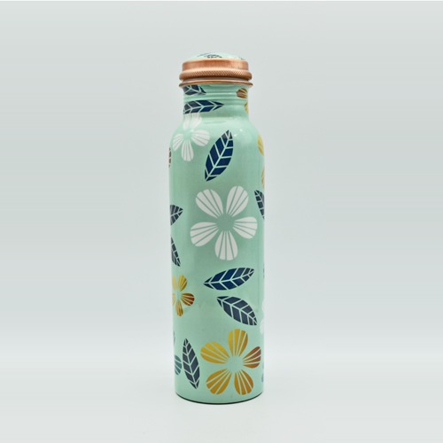 Copper Designer Green Colour With Flower Design Copper Water Bottle with Advanced Leak Proof Protection