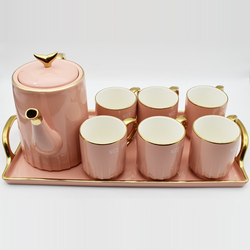 Ceramic Mug Set | Pink 6 Mug Set Tea Coffee Set | Mug Set With Tray