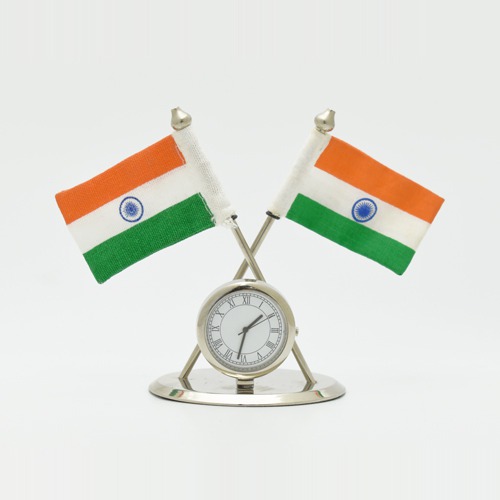 Metal Table Watch with Indian Flags | Indian National Flag with Desk Clock For Car Dashboard, Study Table, Office Table Comes With Metal Stand