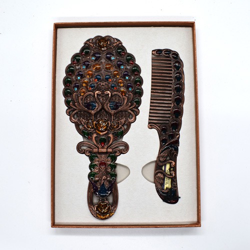Metal Hand Mirror and Comb for Women, Girls | Makeup and Hair Styling Travel Mirror | Antique Work Multicolour Beautiful Comb and Mirror Set for Women and Girls