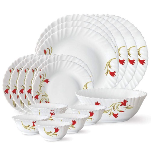 White Colour Silk Series Opalware Dinner Set, 19 Pieces, Red Lily Design Dinner Set| Dinner Set| Ceramic Dinner Set| Flower Design White Colour Dinner Set