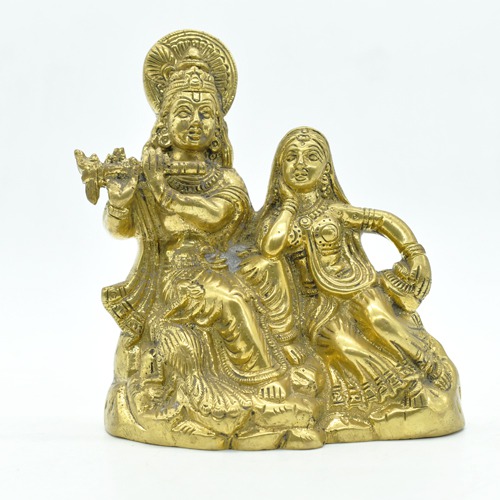 Radha Krishna Sitting | Pol | Brass Radha Krishna Idol, Yellow Colour (5 inch)