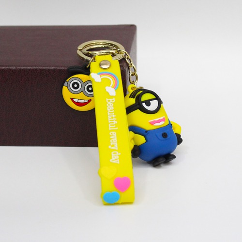 Yellow and Blue Minion With Lanyard Keychain | Minion Friends and Family Cartoon Character Rubber Keychain for Car Bike School Begs office PVC Rubber Keychain and Key ring