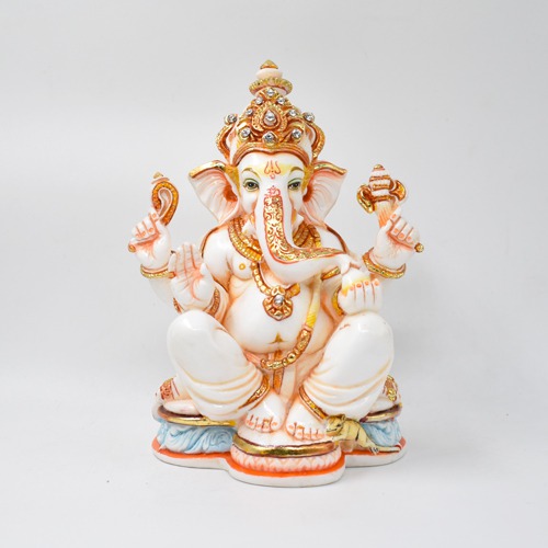Marble Dust White Gold Ganesha Idol For Home Decor and Pooja Ghar