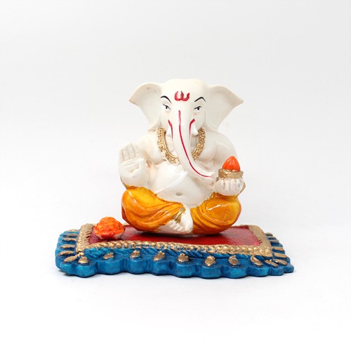 Yellow Dhoti Taklu  Lord Ganesha Sitting on Aasan Idol For Car Dashboard & Home ,Office Decor