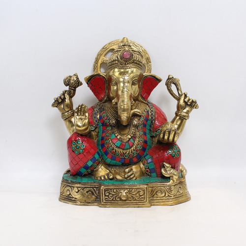 Multicolour Stone Brass Ganesha For Showpiece, Home Decor, Gifting  your Friend