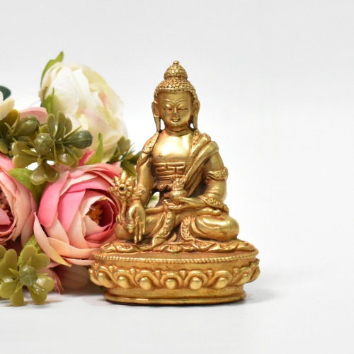 Copper Buddha Gold Finish With Flower In Hand | Entique Lord Buddha Handicraft Idol God Gautama Buddha Statue