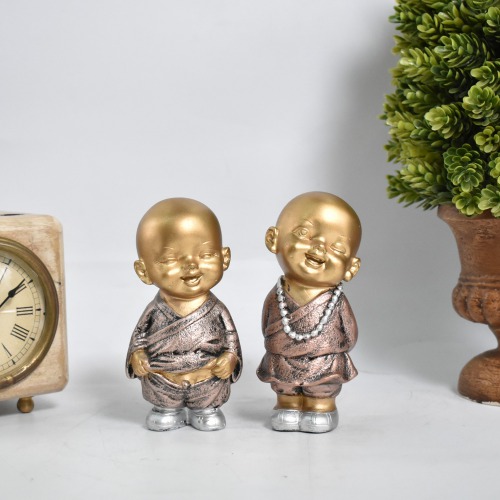 Gold Copper Monk Set Of 2 | Buddha showpieces|Showpiece For Bedroom, Gifts And Living Room|Statues
