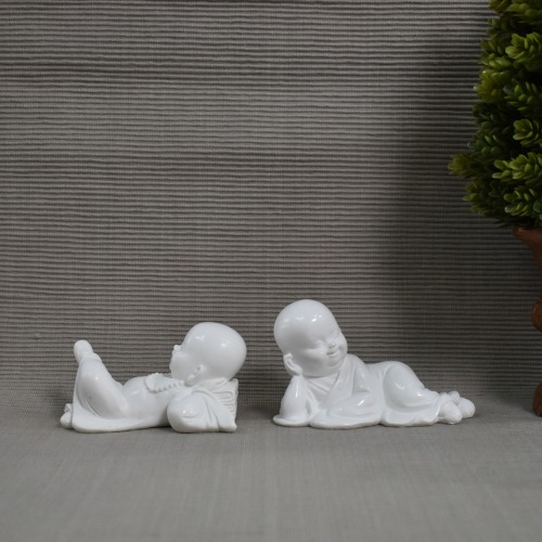 White Sleeping Monk Set Of 2 Little Monk Buddha Statue | Showpiece for Home | Office Decoration