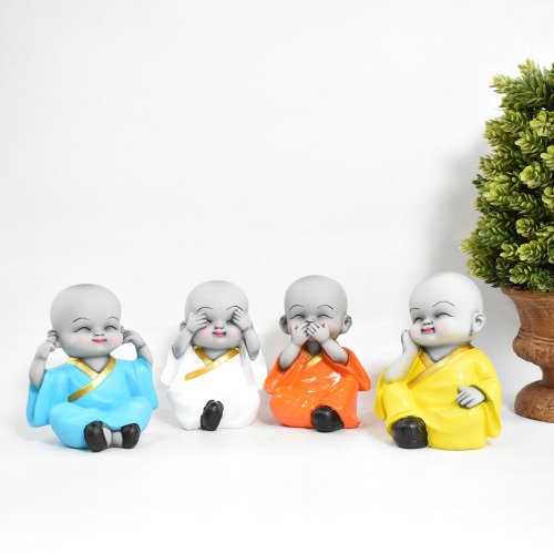 Multi colour Monk Buddha Statue Set Of 4 | Miniature Buddha Monk Showpiece for Home | Office Decoration
