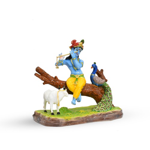 Fiber Krishna Sitting On Tree Trunk With Cow And Peacock Playing Flute | Home Decor | Showpiece