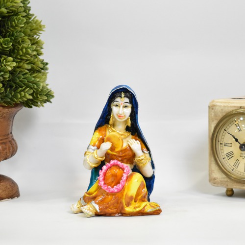 Rajasthani Lady Sitting Rajasthani Style With Flower Polyresin Statue | Rajasthani Traditional Style Doll Statue