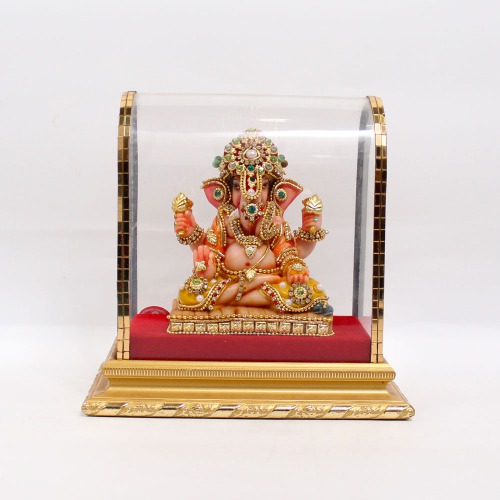 Green And white Diamond Studded Mukut Ganesha Murti | Ganesha Murti | Ganesha | Statue For Living Room
