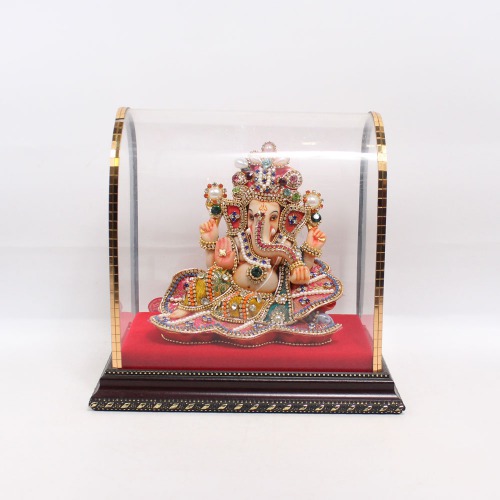 White Stone God Ganesha With Cabinet Decor Statue | Hindu Idol God Ganesha Ganpati Decor Sculpture