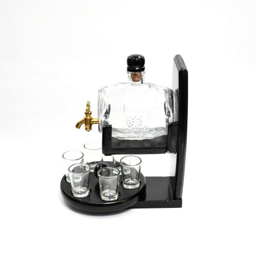 Set of Glass Barrel Decanter, 400 ml and 6 Shot Glasses, 30 ml Each with Wooden Stand and Rotating