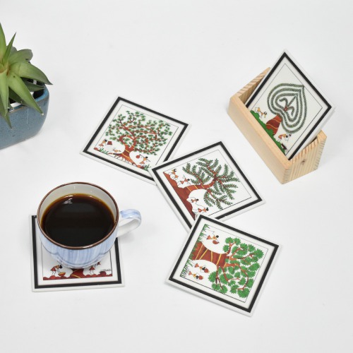 Ethnic Square Tea Coffee Coaster Set of 6 Tree Painting Design Gift Item Home Table Decor Showpiece