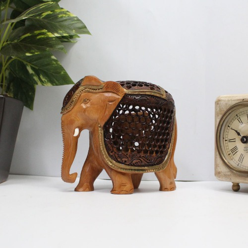 Attractive Wood Carving Handmade Elephant With Baby Elephant Undercut Statue With Howdah Palanquin Animal Showpiece