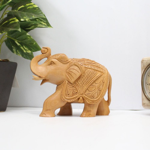 Brown Colour Wood Elephant Down Trunk Statue Design Carving Figurine Showpiece Gifts For Home Decor | Decor