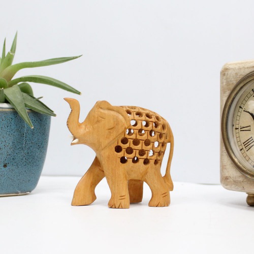 Handicraft Elephant Carved in Wood Up Trunk(soond) And Jaali Carving In 3 inch Size For Decoration and Gift.