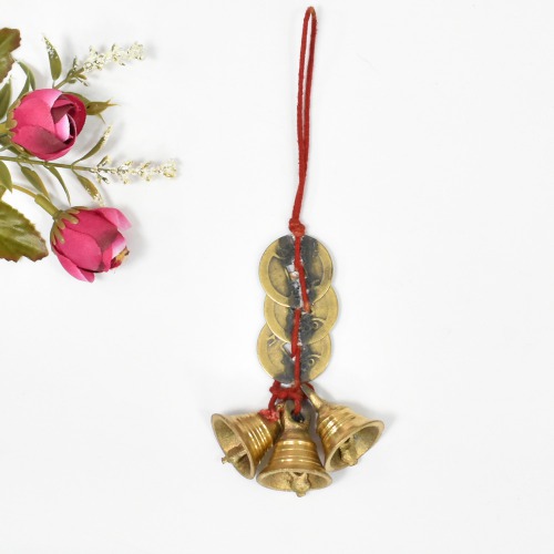 Fengshui Vastu Lucky Brass Hanging 3 Bell Three Chinese Coins Main Entrance Door Hanging Decorative