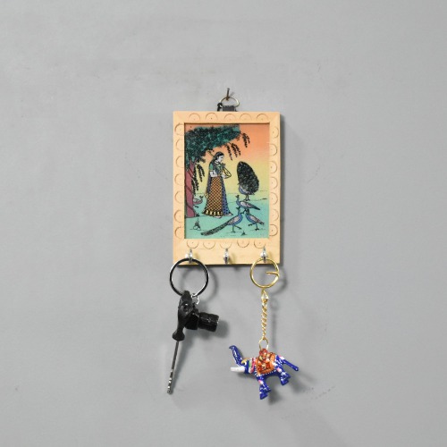 Rajasthani Lady With Peacock Theam Gemstone Painting Key Holder | Key Holder | Decor | Wall Hanging