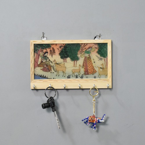 Rajasthani Two Lady's Standing Under Tree With Deer Theam Gemstone Painting Key Holder | Key Holder | Decor | Wall Hanging