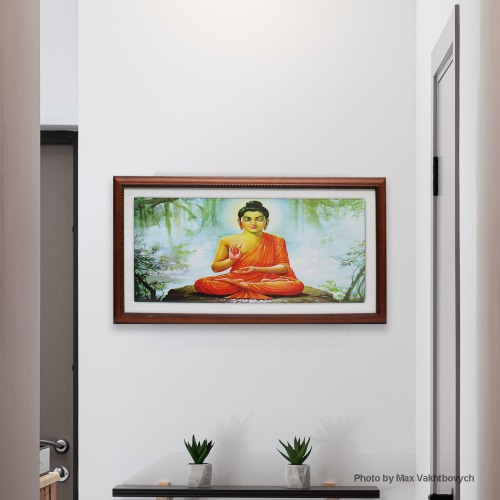 Gautam Buddha Photo With Brown Frame( 12 x 21 inches ) | For Home Decor