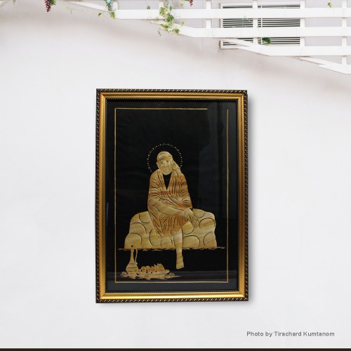 Sai Baba Wooden Texture in Black Metal Photo Frame ( 21 x 15 inches)| For Home Decor| Puja Ghar