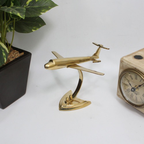 Brass Aeroplane Model Showpiece Table Top with Wood Base, Antique Aeroplane Showpiece Airplane Models for Home Decor