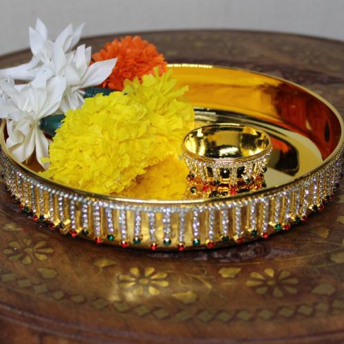 24K Gold Plated Brass Thali with Bowl and Line Diamond Designed