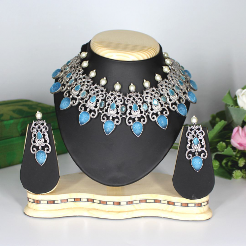 Latest Stylish Traditional Oxidized Silver Necklace Jewellery Set with Blue Kundan Beads for Girls and Women