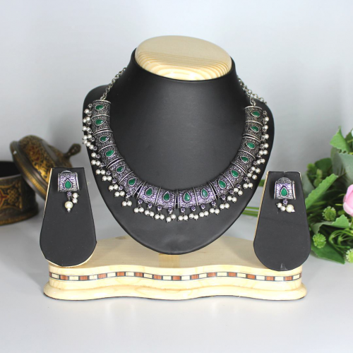 Oxidized Silver Necklace Jewellery Set with Green Beads, Moti Design and Earrings for Girls and Women