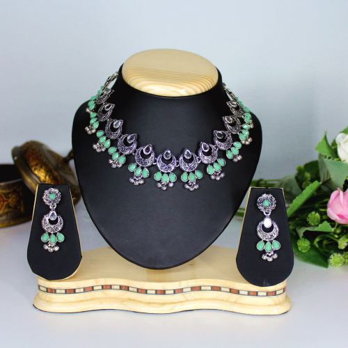Oxidized Silver Necklace Jewellery Set with Light Green Beads and Earrings for Girls and Women