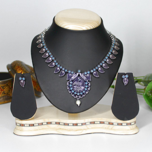 Oxidized Silver Necklace Jewellery Set with Lotus and Leaf Design, Blue Beads and Earrings for Girls and Women