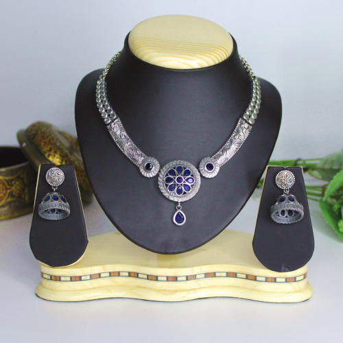 Oxidized Silver Necklace Jewellery Set with Intricate Design, Flower Shaped Dark Blue Beads and Earrings for Girls and Women