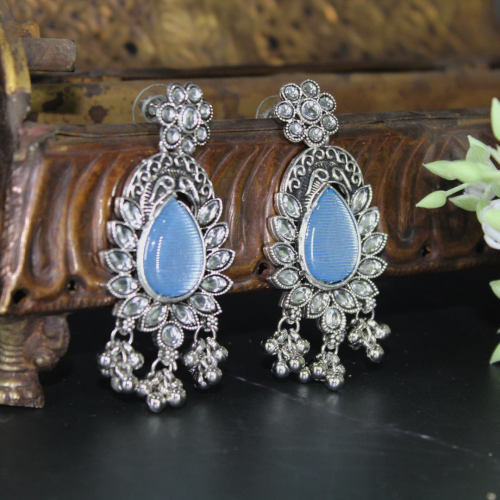 Oxidized Silver Jewellery Ghungru Earrings with Blue Kundan Stone in Drop Design for Women and Girls