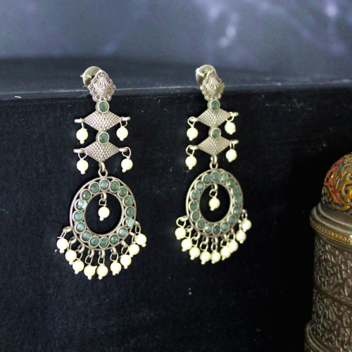 Oxidized Silver Jewellery Drop Earrings with Hanging Moti and Intricate Design for Women and Girls