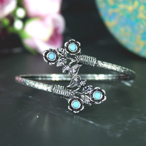Oxidized Silver Traditional Kada Bangle with Flower Design and Blue Beads in the Middle For Women and Girls
