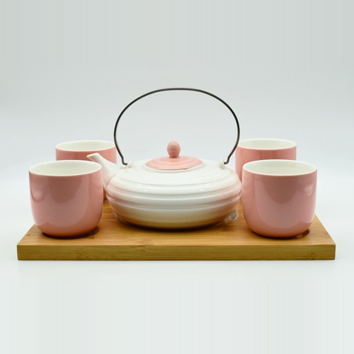 Ceramic Tea Set  | Pink| Tea and Coffee Cup and Saucer with Kettle, Set of 5 Pieces
