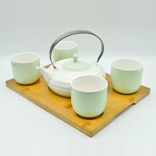 Green|Tea and Coffee Cup and Saucer with Kettle, Set of 5 Pieces