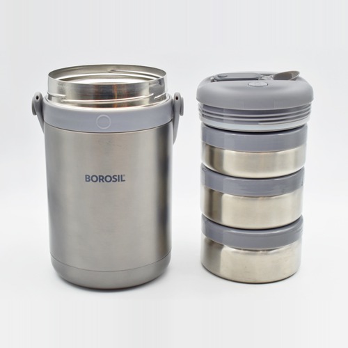 Borosil S/3 Hydra Vaccum Tiffin Stainless Steel Lunch Box, 3-Containers