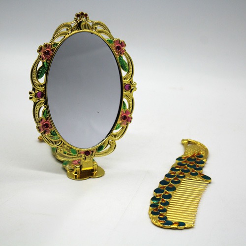 Beautiful Green Peacock Design Handicraft Metal Hand Mirror and Comb for Girls And Women's | Antique Work Beautiful Comb and Mirror Set for Women and Girls