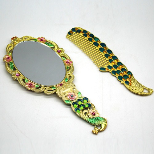 Beautiful Green Peacock Design Handicraft Metal Hand Mirror and Comb for Girls And Women's | Antique Work Beautiful Comb and Mirror Set for Women and Girls