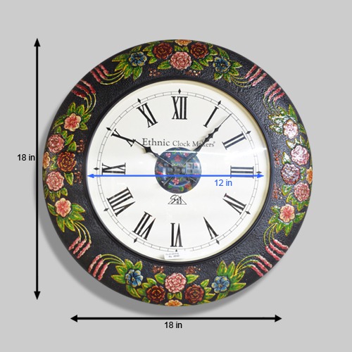 Wood Antique Flower Hand Painted Dome Wall Clock (18 x 18 inches, Multicolour )