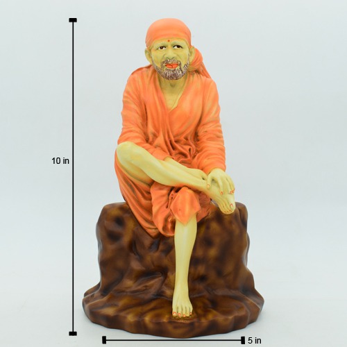 Sai Baba Murti | Lord Sai Baba Idol Sitting On Stone Antique showpiece, Made of Fiber for car dasboard