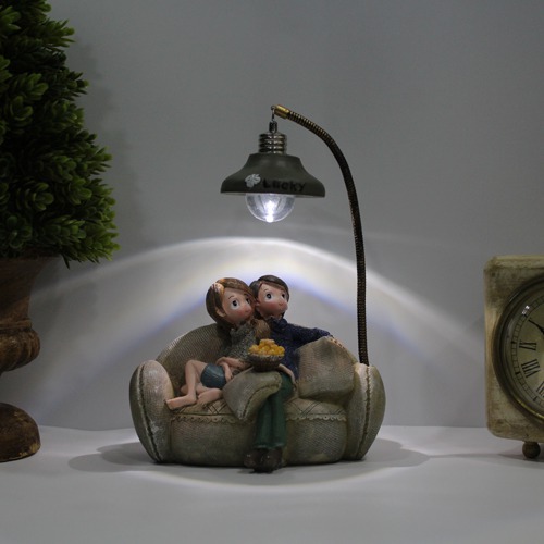 Cute Romantic Valentine Couple Sitting On Sofa Statue Showpiece With Lights