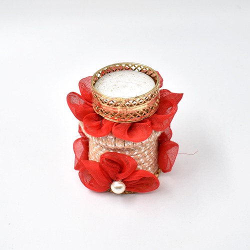 Small  Handcrafted Table Top Candle Stand With Red Flower  For Home Decoration