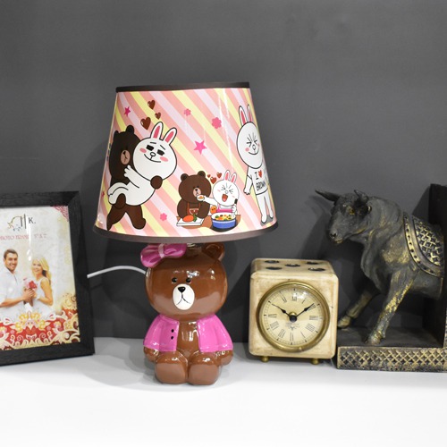 The Cute Teddy Bear Shape Table Lamp With Multicolor Fabric Shade For Home Decor, Desktop