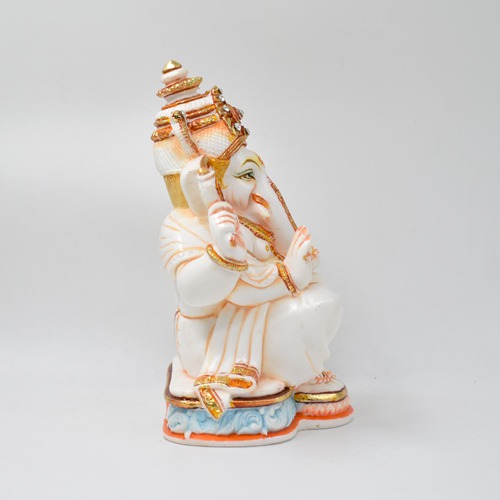 Marble Dust White Gold Ganesha Idol For Home Decor and Pooja Ghar
