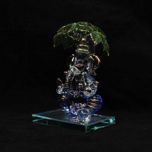 Blue Crystal Glass Surya Umbrella Ganesha Glass Idol For Home Decor